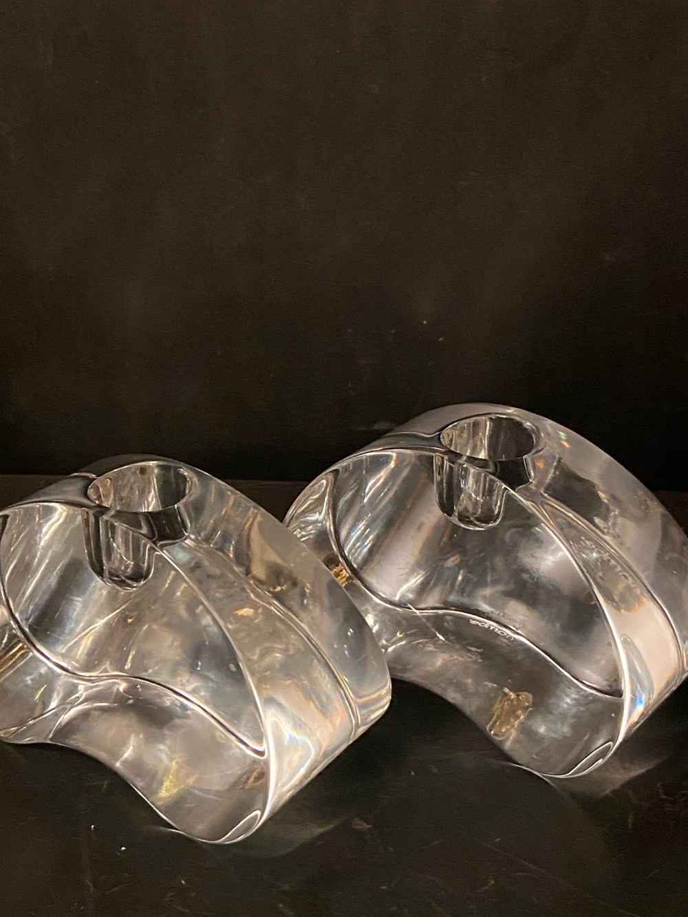 Nambe Crystal Clear Modern Sculptural Bow Candle Holders Set of 2